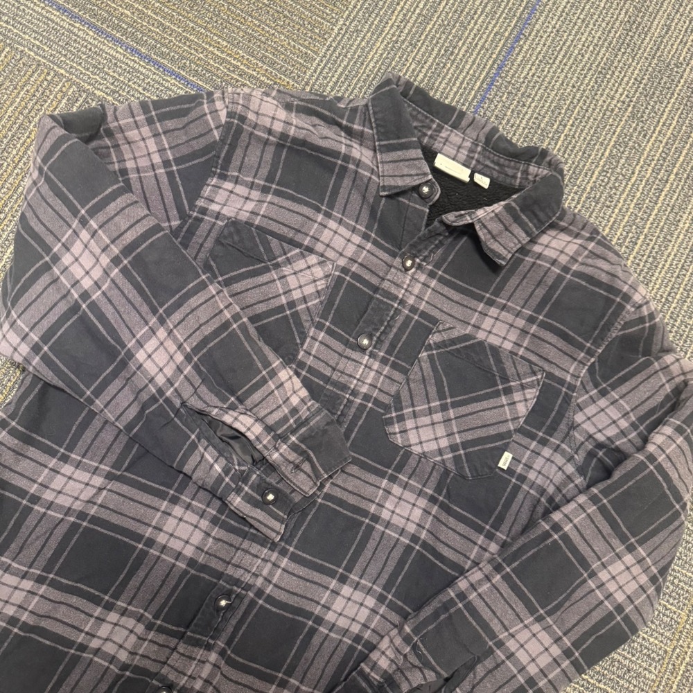 Vans Flannel‎ Shirt Jacket Men Large Grey Black Excellent Sherpa Lined Plaid